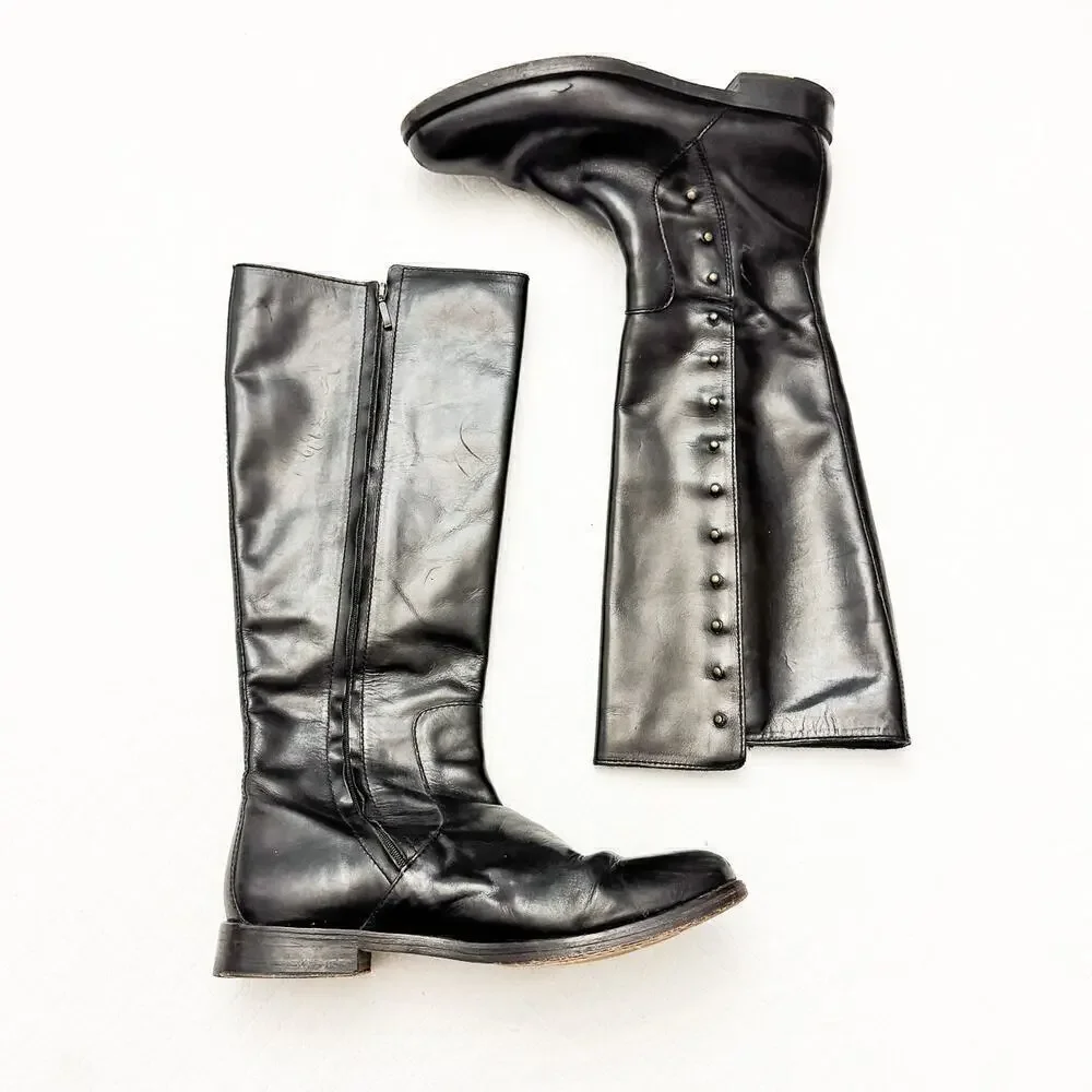 Cole Haan Black Leather Zip Up Riding Biker Boots Riveted Knee High Size 7 EUC